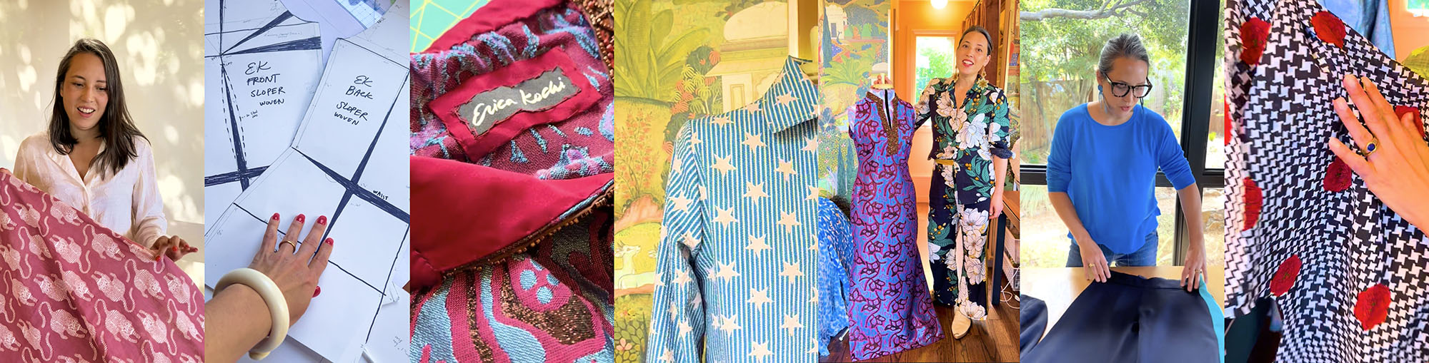 A collection of images showing pattern making, fabric selection, and finished shirts